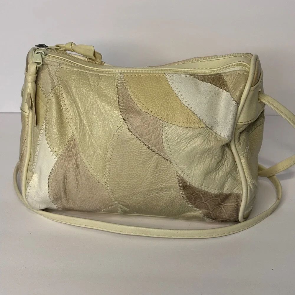 Vintage Patchwork Leather Shoulder Bag Purse‎ Neutral Tones Handbag Beige Boho